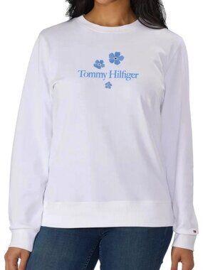 NEW Tommy Hilfiger Women's Crewneck Top Sweatshirt L White Embroidered Flowers